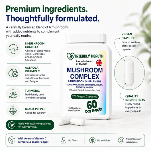 Friendly Health Mushroom Complex | 120 Capsules | Made in UK
